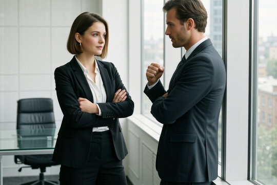 Confident young woman in business attire confronts a man near an office window, exuding assertiveness and determination in a modern setting.