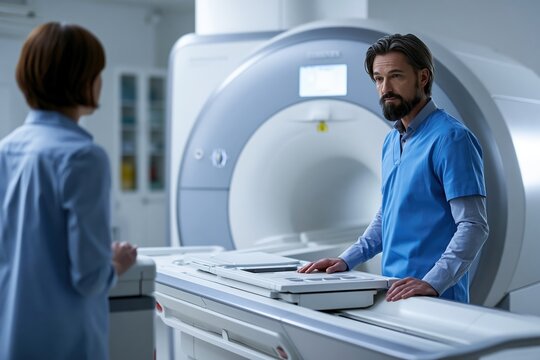 Advanced medical imaging scanner in clinical room with healthcare professionals