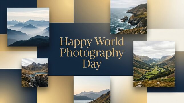 A creative collage of beautiful landscape photos celebrating world photography day with an elegant design and professional artistic visual aesthetic display