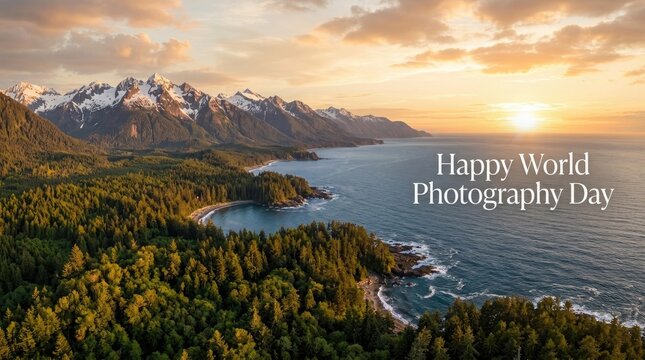 Stunning aerial landscape view of a coastal mountain range during golden hour sunset for celebrating the annual world photography day event