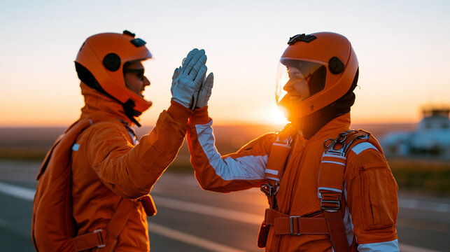 Faceless instructor and student sharing a high five after a successful skydiving jump, skydiving training, extreme sport achievement, adventure lesson, adrenaline hobby, with copy