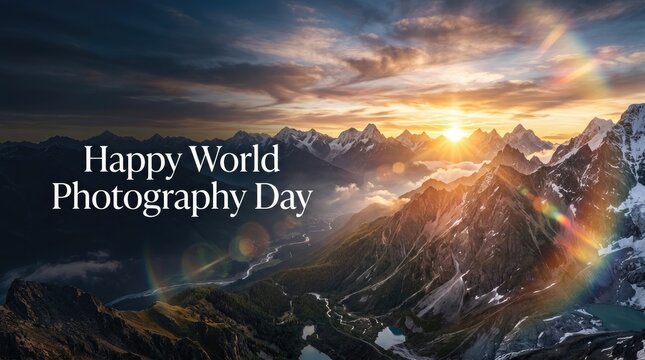 A stunning mountain landscape at sunset with the text happy world photography day celebrating the art of capturing beautiful nature moments