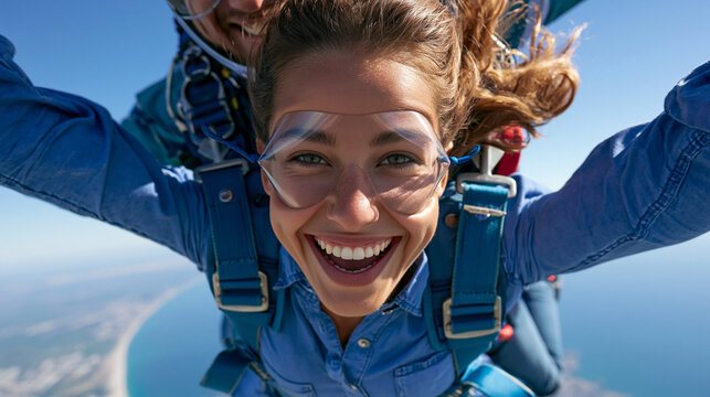 Tandem skydiving happiness moment captured mid-air, tandem skydiving, extreme sport, adventure, freefall thrill, adrenaline rush, aerial fun, with copy space