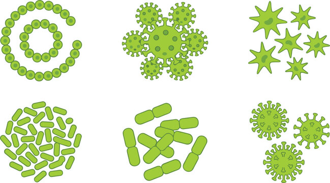 Microscopic green virus structures and bacteria cells collection medical biology science research microbiology icons set vector