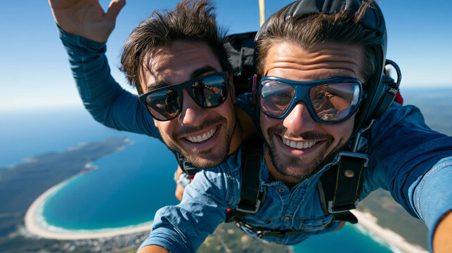 Tandem skydiving happiness moment captured mid-air, tandem skydiving, extreme sport, adventure, freefall thrill, adrenaline rush, aerial fun, with copy space
