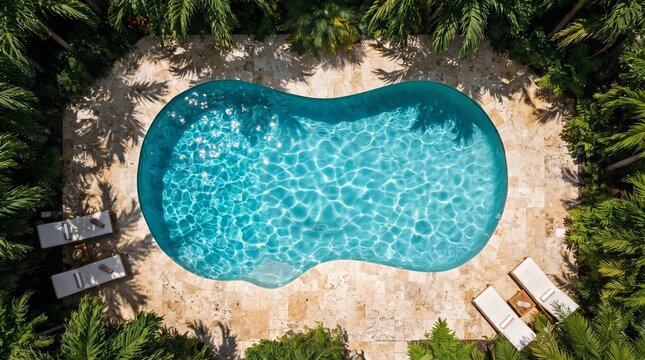 Top-down aerial view of a luxurious kidney-shaped swimming pool surrounded by lush tropical greenery and lounge chairs