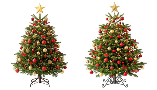 Two decorated christmas trees with red and gold ornaments isolated on transparent background