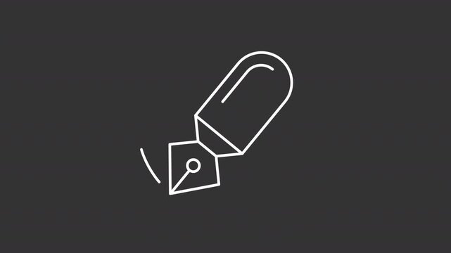 Animated shaking fountain pen white line icon. Minimalist writing tool animation. Drawing line. Isolated element on dark background. Alpha transparent video