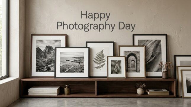 A stylish interior room featuring a wooden shelf with framed black and white art prints celebrating the annual world photography day