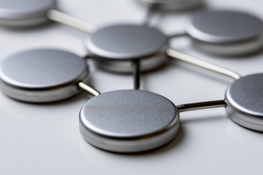 Matte metallic profile tokens connected by thin links on white surface