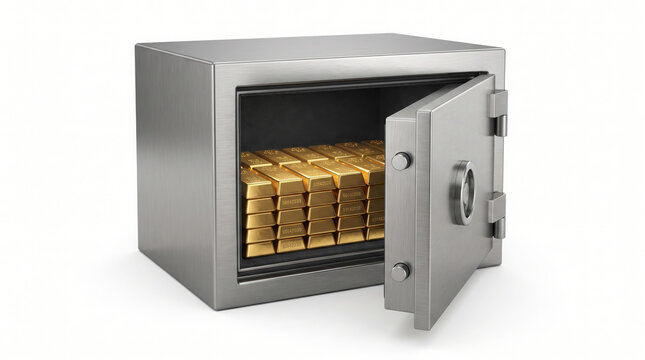 Open Bank Vault Safe Filled with Gold Bars Isolated