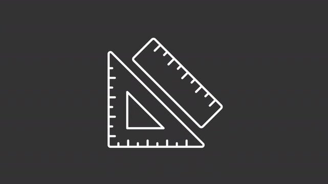 Measurement tools white line animation. Set square and moving straight ruler animated icon. Architectural drafting instruments. Isolated element on dark background. Alpha transparent video