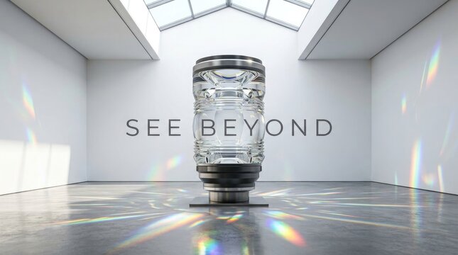 A professional camera lens standing in a bright minimalist studio for world photography day celebration with the inspiring text see beyond
