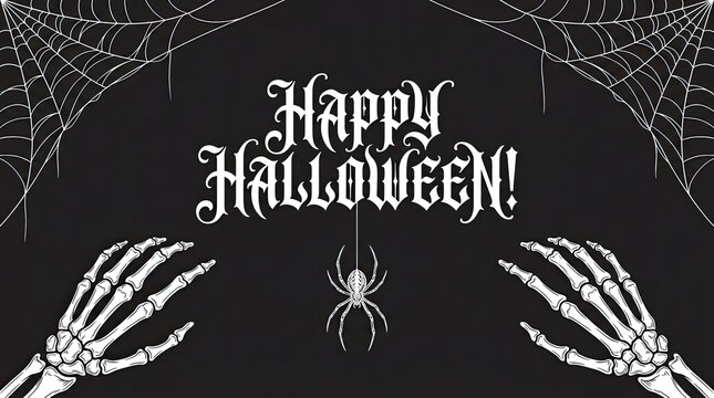Happy halloween greeting card design with skeleton hands reaching out and spider webs on a dark background