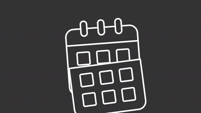 Animated minimalistic calendar white line icon. Scheduling animation. Six small date squares. Moving pages. Isolated element on dark background. Alpha transparent video
