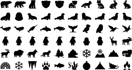 Arctic and Antarctic winter wild animals fauna nature silhouettes vector icon set including polar bear seal penguin reindeer walrus whale and igloo © Mehedi