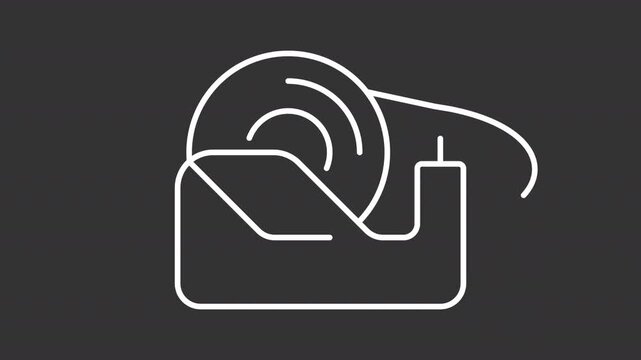 Animated rolling tape dispenser white line icon. Roll of adhesive tape animation. Minimalist office supply. Isolated element on dark background. Alpha transparent video