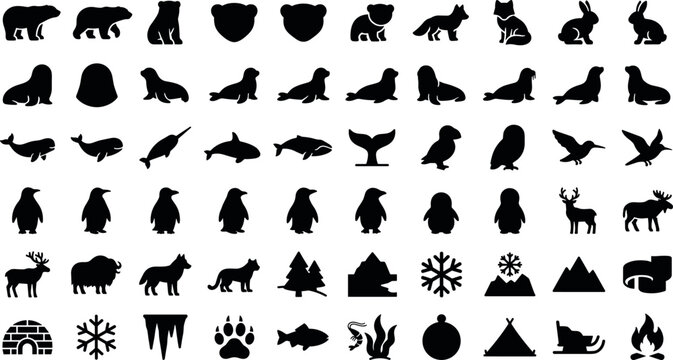 Arctic and Antarctic winter wild animals fauna nature silhouettes vector icon set including polar bear seal penguin reindeer walrus whale and igloo