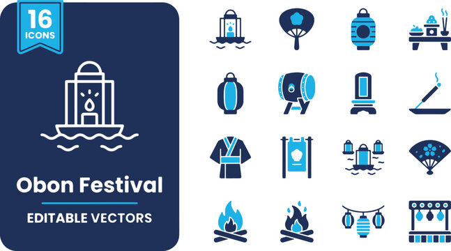 Collection of Sixteen Traditional Japanese Obon Festival Celebration Vector Icons Featuring Floating Lanterns and Ritual Objects