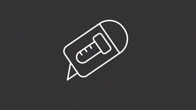Animated box cutter white line icon. Pushing utility knife animation. Angled razor blade tip. Isolated element on dark background. Alpha transparent video