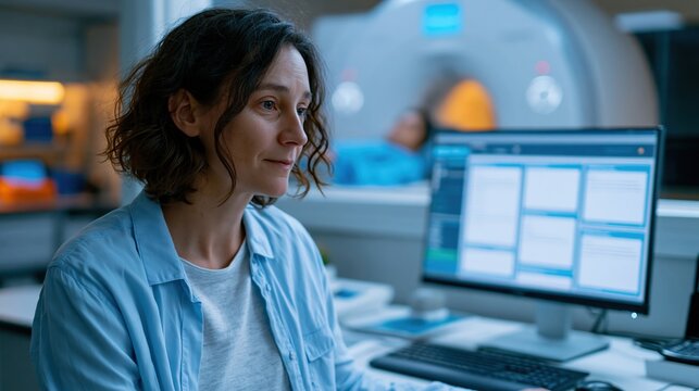 Radiology technologist reviewing digital checklist before MRI scan