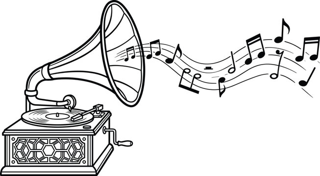 Vintage gramophone record player vector illustration with flying musical notes flowing from acoustic horn on white background