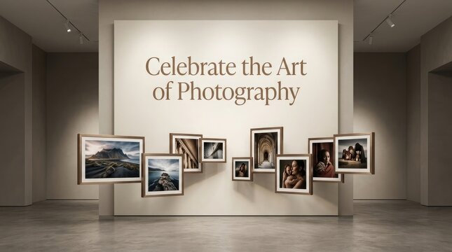 A modern art gallery exhibition wall display featuring framed photos to celebrate the annual world photography day event for creative professionals