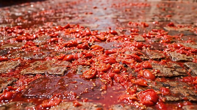 Crushed red ripe tomatoes scattered on cobblestone street after La Tomatina festival. Famous Spanish food fight event. Messy urban ground covered with smashed vegetable pulp and seed.