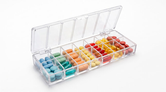 Weekly Pill Organizer with Colorful Medicine Tablets Isolated