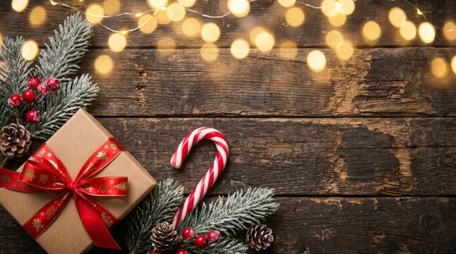 Rustic christmas gift box decorated with candy cane and pine branches on weathered wood surface
