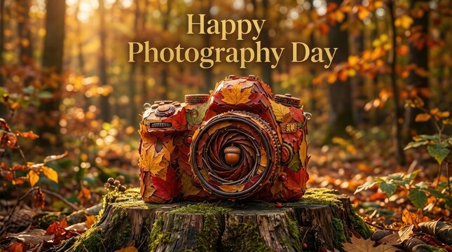A vintage camera resting on a tree stump in a beautiful autumn forest setting celebrating the annual world photography day event