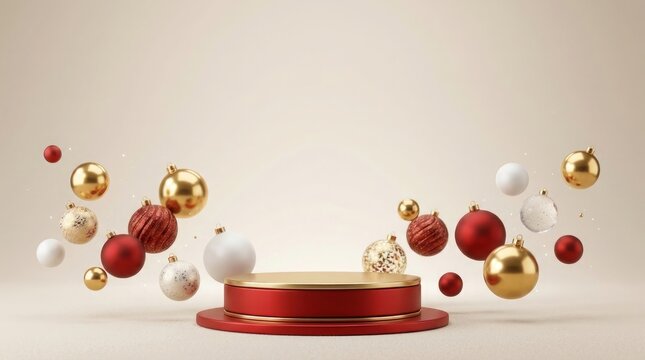 Red and gold floating christmas ornaments around podium with baubles floating festive red