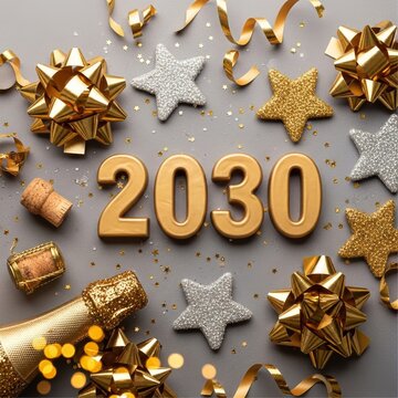 New Year 2030 Celebration background with gold numbers, glitter stars, festive bows, and gold confetti on grey surface