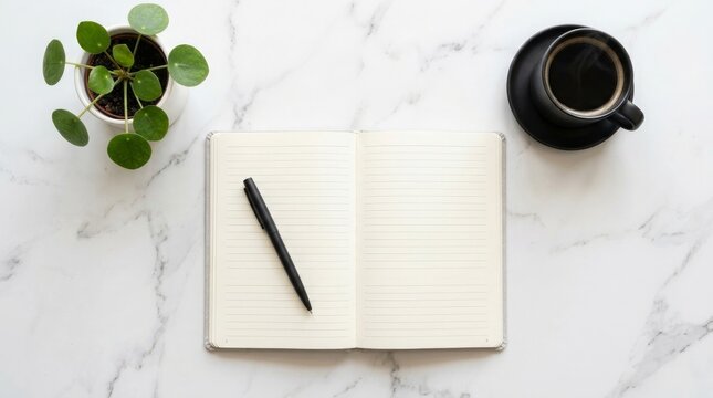 Open notebook with a black pen beside a potted plant and coffee cup on marble surface with resting white marble