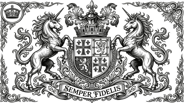 Vintage heraldic coat of arms engraving featuring rampant unicorns crown shield scroll and ornate baroque filigree border