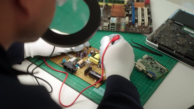 Close-up technician repairing a printed circuit board in a modern repair lab. PCB diagnostics, soldering electronic maintenance, right to repair. Sustainable technology and skilled technician.
