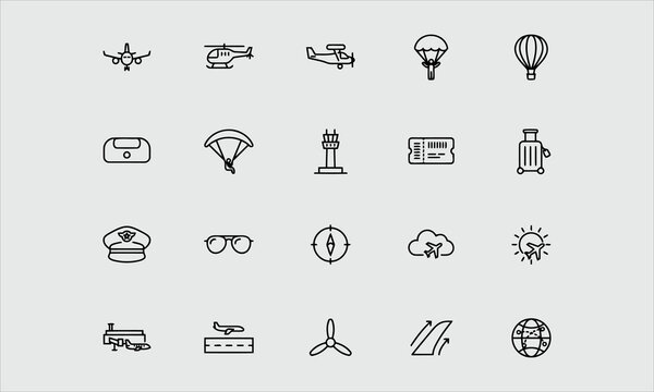 Aircraft flat line icons set. Airplane, helicopter, air taxi, skydiving, balloon, aero tube, paragliding vector illustration. Thin signs for plane tickets store. Pixel perfect 64x64. Editable Strokes 
