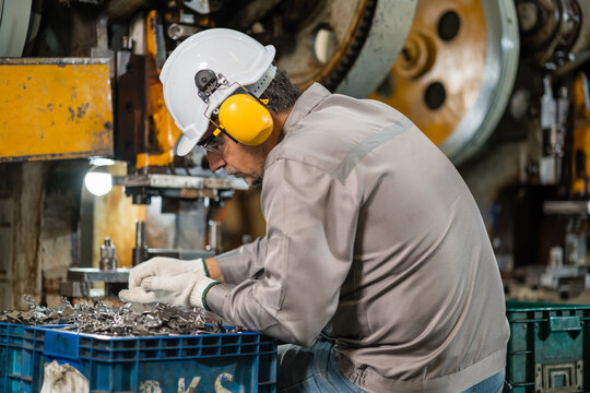 Senior factory worker in white hard hat and yellow ear muffs sorting stamped metal brackets in blue bin beside punch press