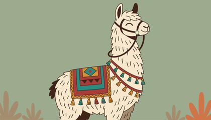 Obraz premium Charming peruvian alpaca wearing a traditional colorful blanket and tassels against a soft green background.