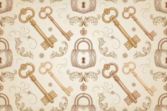 Vintage seamless pattern featuring ornate antique skeleton keys, padlocks, and swirling floral filigree ornaments on a textured beige background