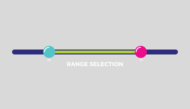 Range selection slider interface with cyan and pink adjuster knobs on a gray background showing values twenty and seventy.