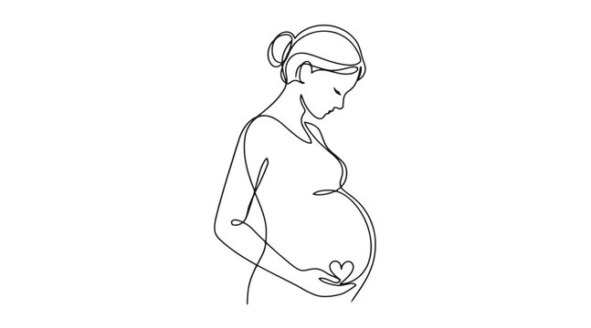 Continuous line art of a pregnant woman holding her baby bump with a heart shape one line pregnancy journey