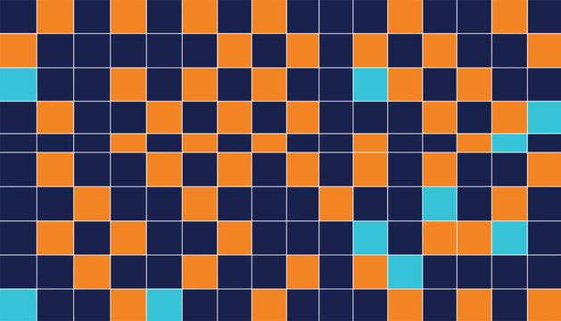 Abstract checkered pattern of dark blue and orange squares featuring a few bright cyan blocks randomly distributed.
