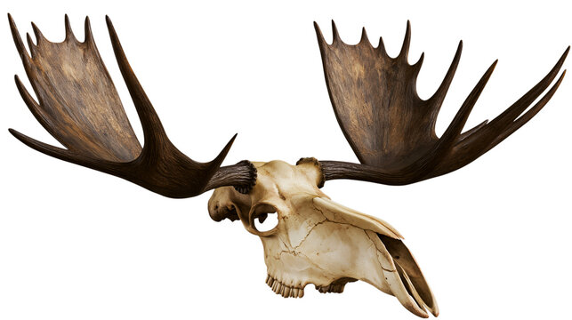 Detailed moose skull isolated on a transparent background, showcasing impressive antlers and bone structure, a wildlife symbol of strength and nature&rsquo;s beauty
