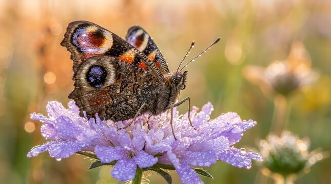 A beautiful peacock butterfly resting on a purple flower in a meadow perfect for celebrating the beauty of world photography day