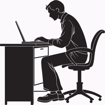 A black silhouette of a man sitting at a desk and working on a laptop computer in a simple