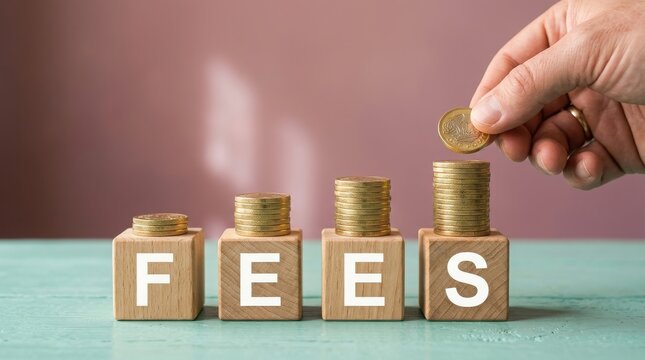Wooden blocks spelling fees with growing coin stacks and hand placing a coin