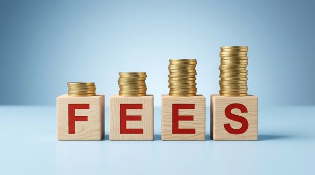 Wooden blocks spelling fees with increasing stacks of gold coins on blue background