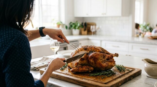 Woman carving roasted turkey in bright modern kitchen with preparation shirtsleeve gastronomy