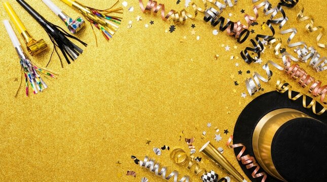 Festive celebration accessories arranged on sparkling gold surface for new year eve events